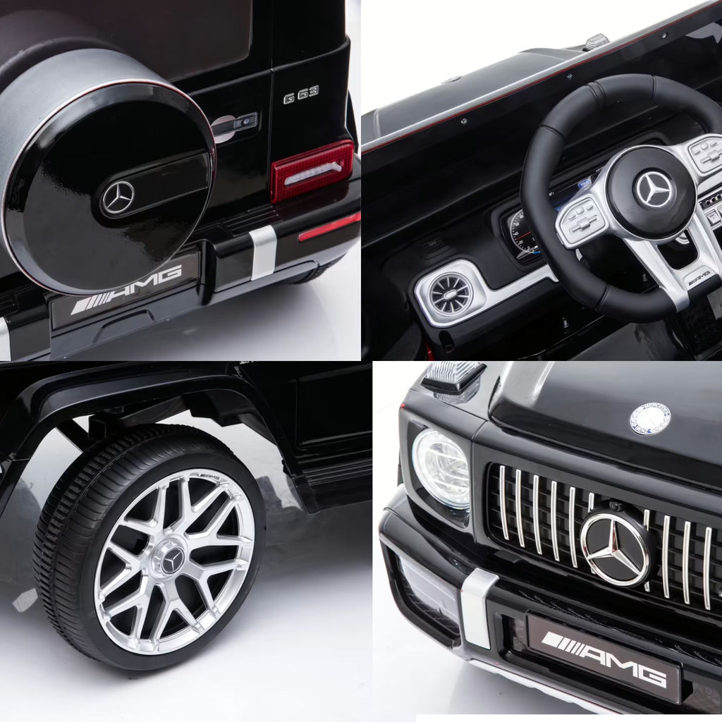 Mercedes G63 AMG noire - détails roue de secours, volant, jantes AMG et calandre