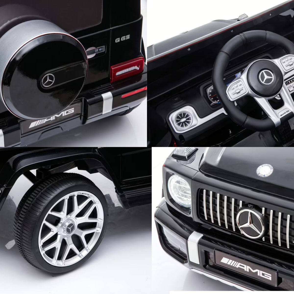 Mercedes G63 AMG noire - détails roue de secours, volant, jantes AMG et calandre