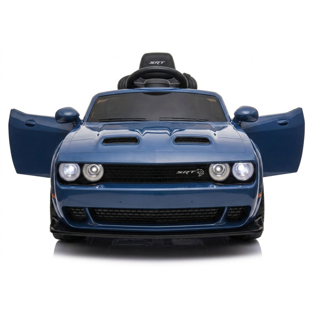 Dodge Challenger SRT bleu - voiture electrique enfant 12V - face avant, les deux portes ouvertes