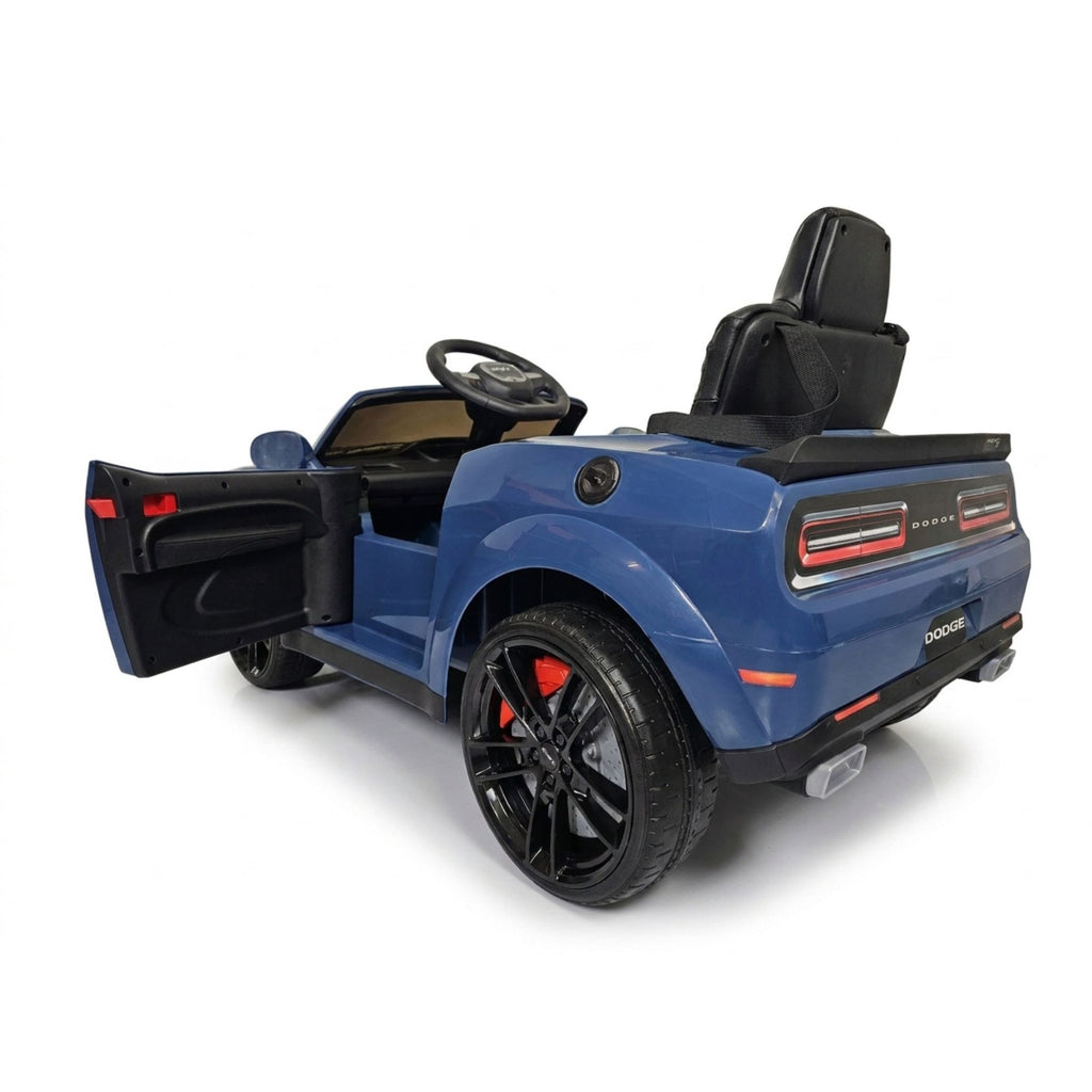 Dodge Challenger SRT bleu - voiture electrique enfant 12V - trois quarts arriere, porte ouverte