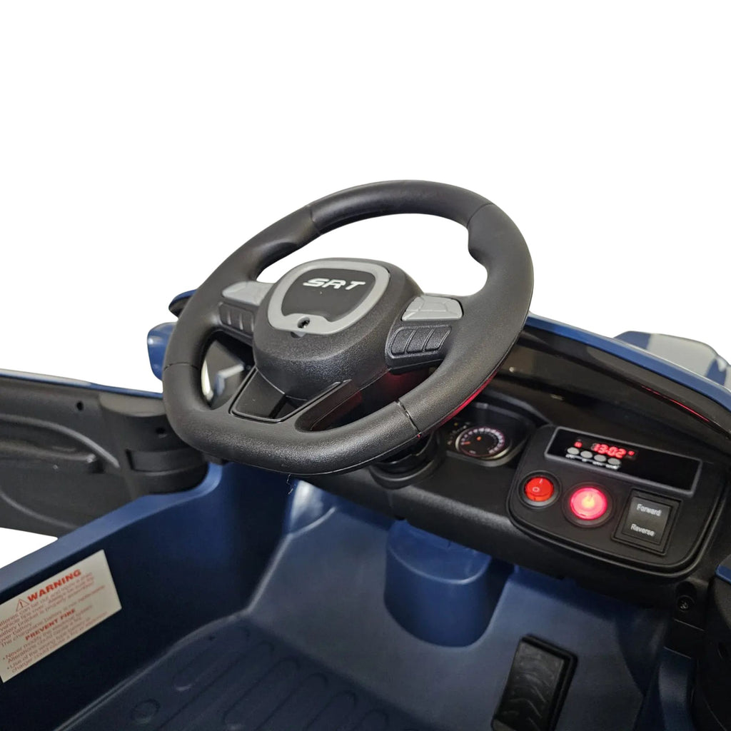 Dodge Challenger SRT bleu - voiture electrique enfant 12V - volant SRT et tableau de bord