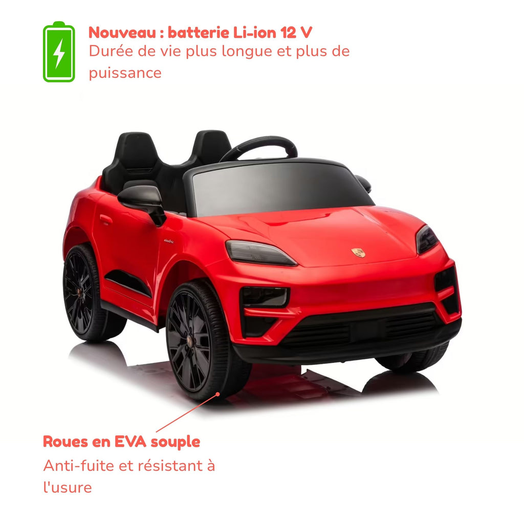 Porsche Macan rouge - batterie lithium-ion 12 V et roues EVA souples