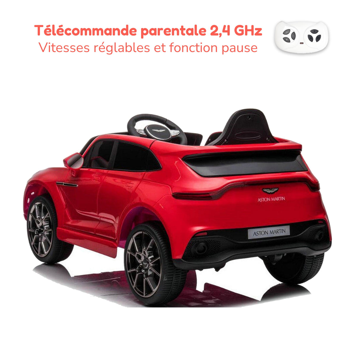 Télécommande parentale 2,4 GHz de l'Aston Martin enfant, vitesses réglables et fonction pause