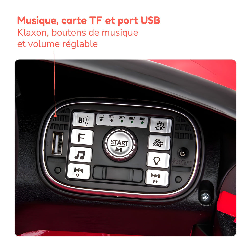 Tableau de bord de l'Aston Martin enfant : musique, carte TF et port USB