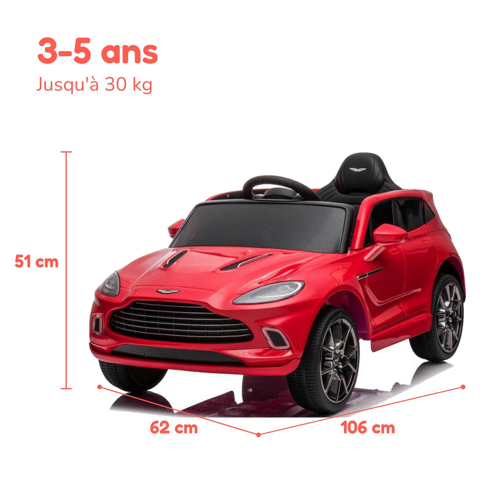 Dimensions de l'Aston Martin enfant : 106 × 62 × 51 cm, de 3 à 5 ans, jusqu'à 30 kg