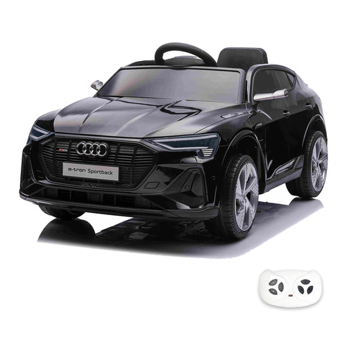 Noir · Audi e-tron Sportback électrique enfant 12V, vue trois quarts avant avec sa télécommande