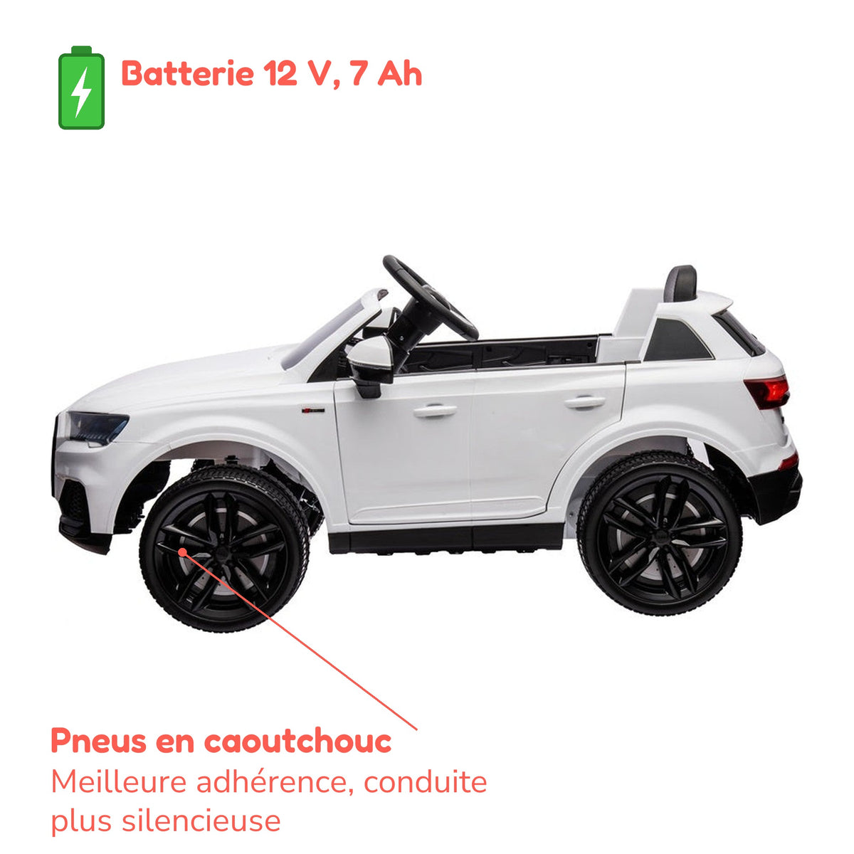 Batterie 12 V 7 Ah et pneus en caoutchouc de l'Audi Q7 enfant