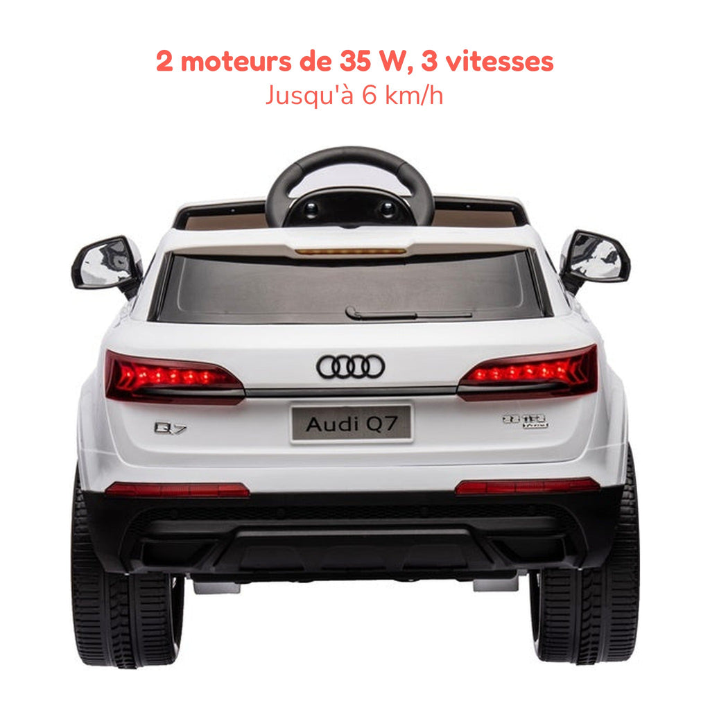 Audi Q7 blanche enfant, 2 moteurs de 35 W et 3 vitesses jusqu'à 6 km/h