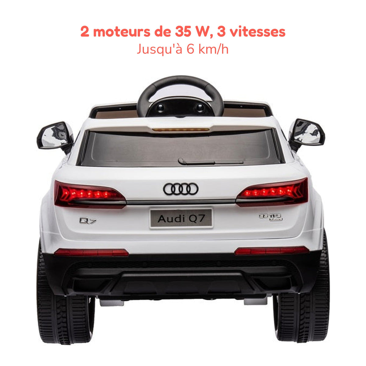 Audi Q7 blanche enfant, 2 moteurs de 35 W et 3 vitesses jusqu'à 6 km/h