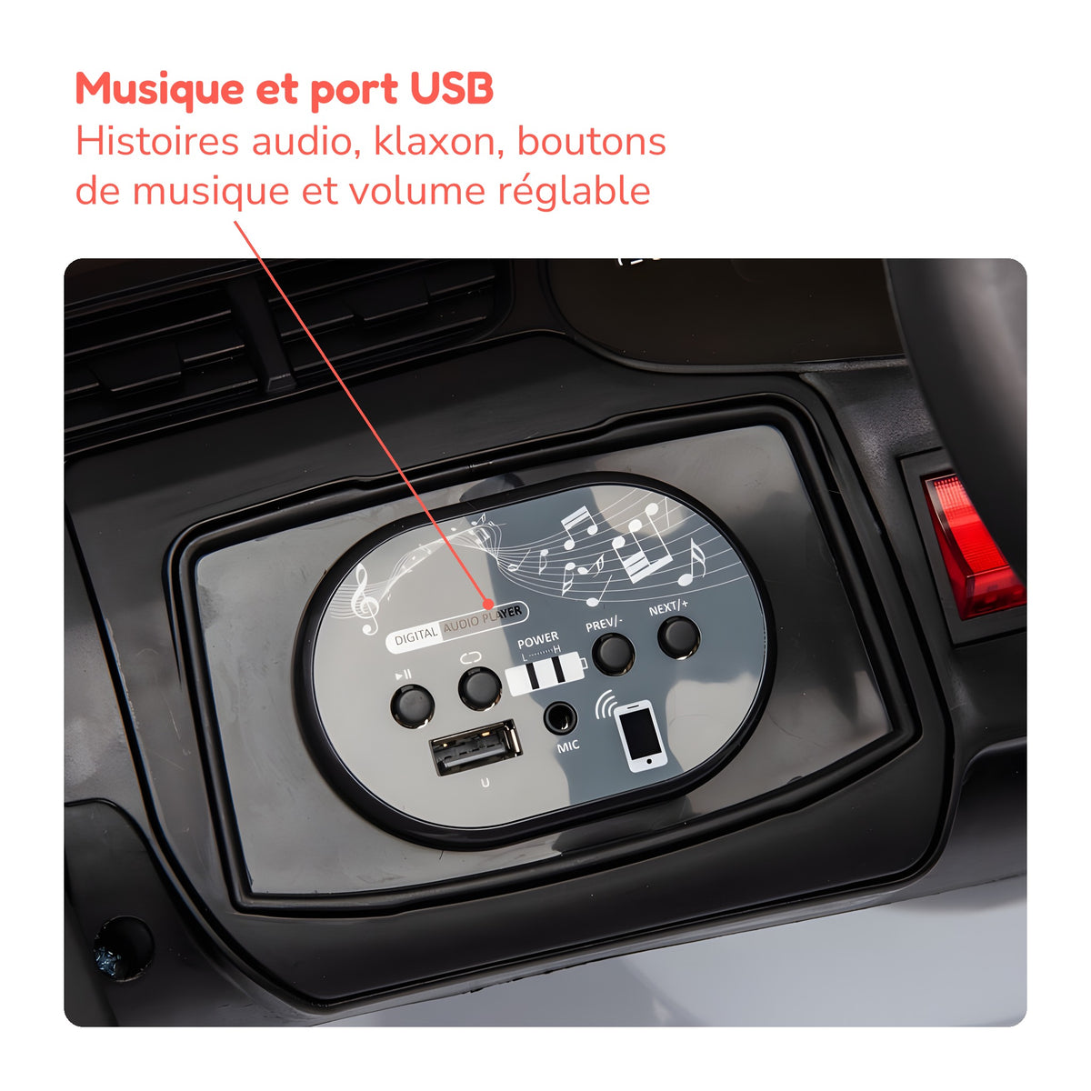 Musique et port USB, histoires audio et klaxon de l'Audi Q7 enfant