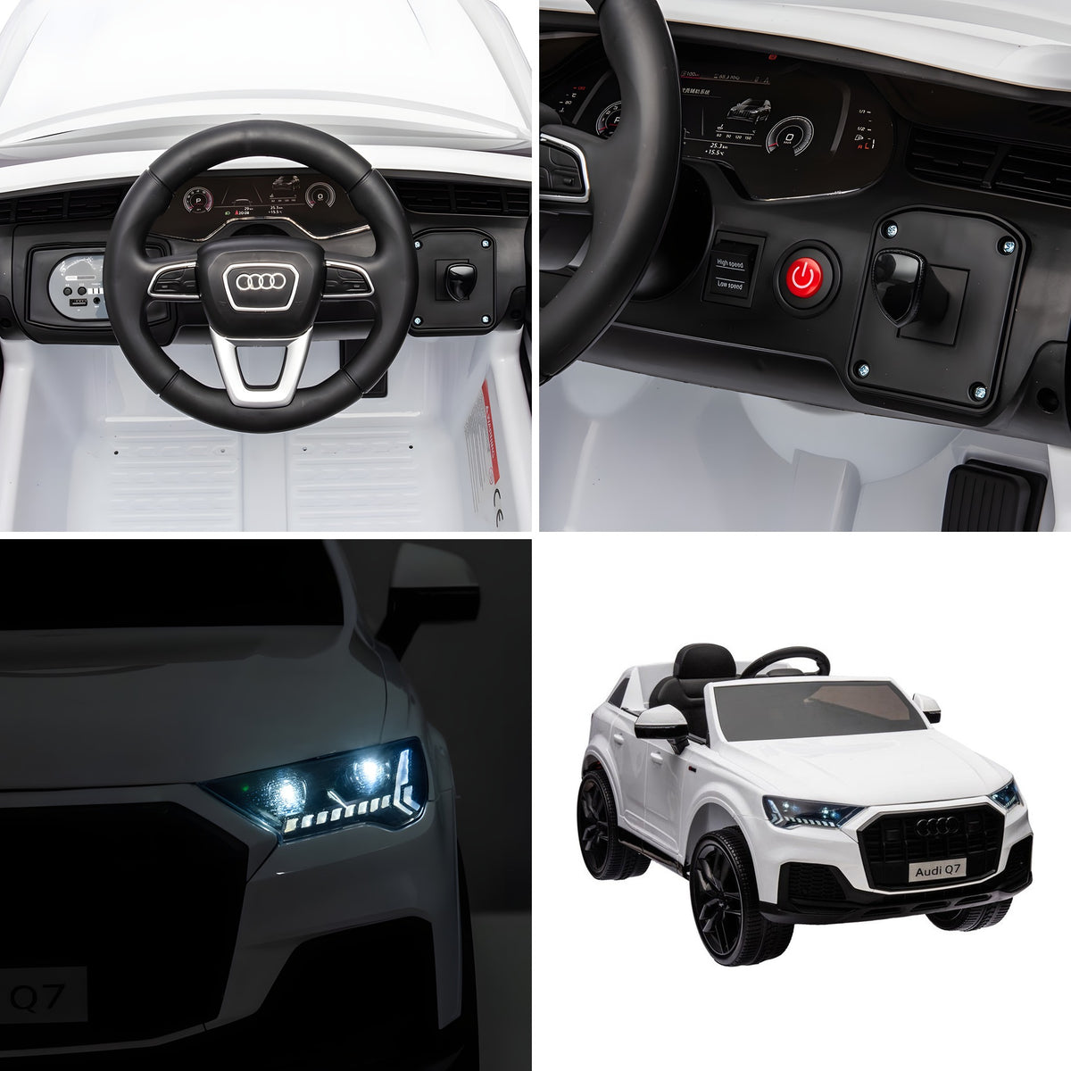 Détails de l'Audi Q7 blanche enfant : volant, tableau de bord et phares
