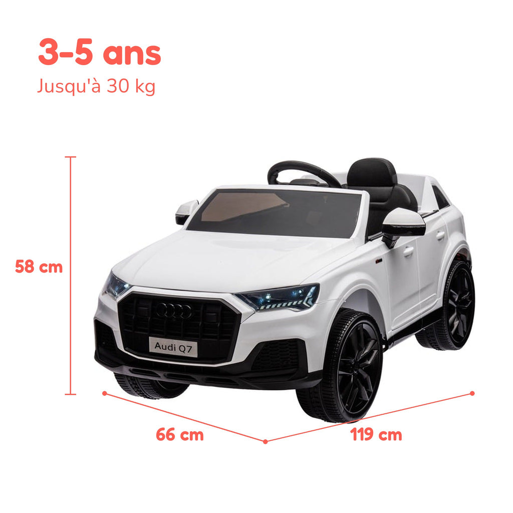 Dimensions de l'Audi Q7 enfant : 119 × 66 × 58 cm, de 3 à 5 ans, jusqu'à 30 kg