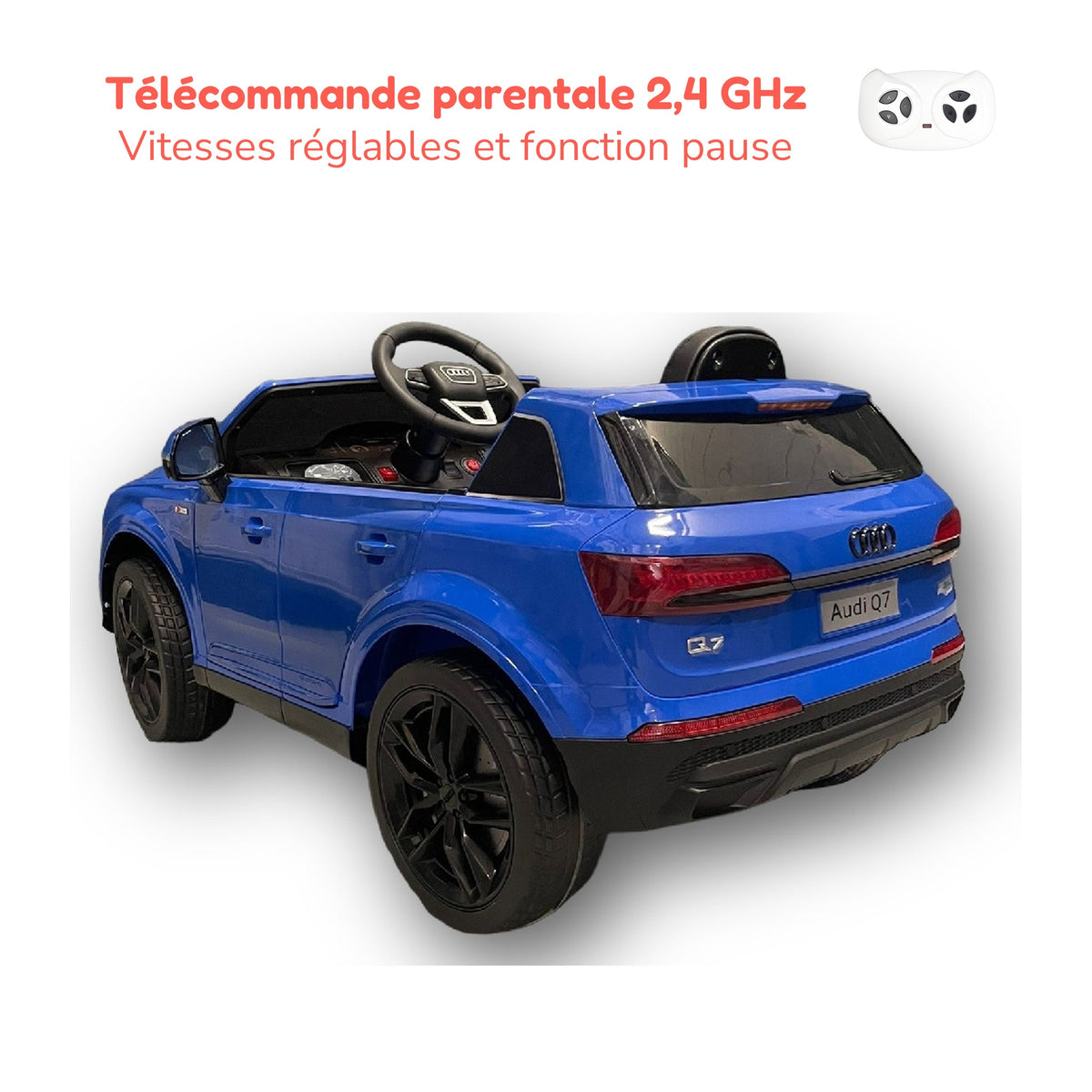 Télécommande parentale 2,4 GHz de l'Audi Q7 enfant, vitesses réglables et fonction pause