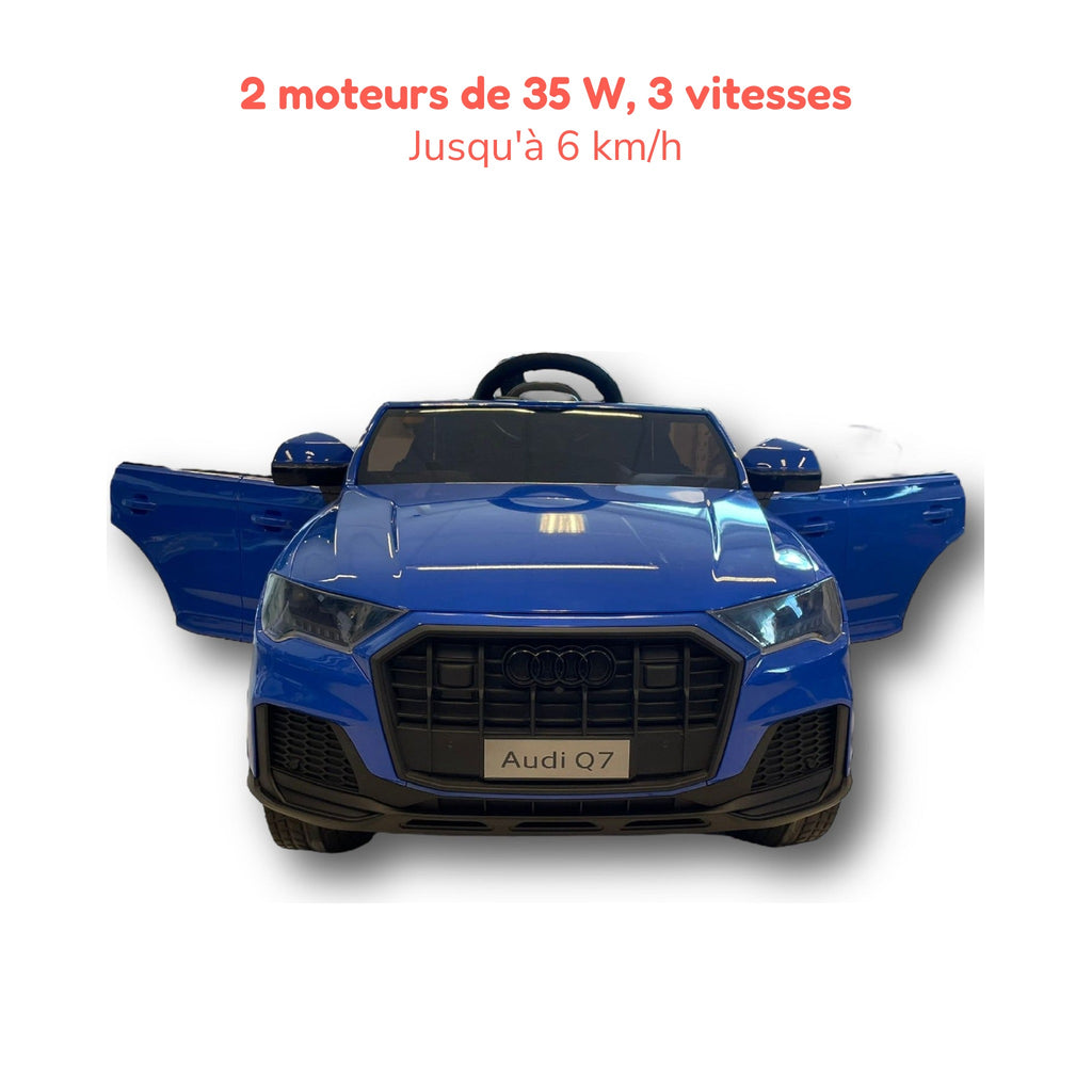 Audi Q7 bleue enfant, 2 moteurs de 35 W et 3 vitesses jusqu'à 6 km/h