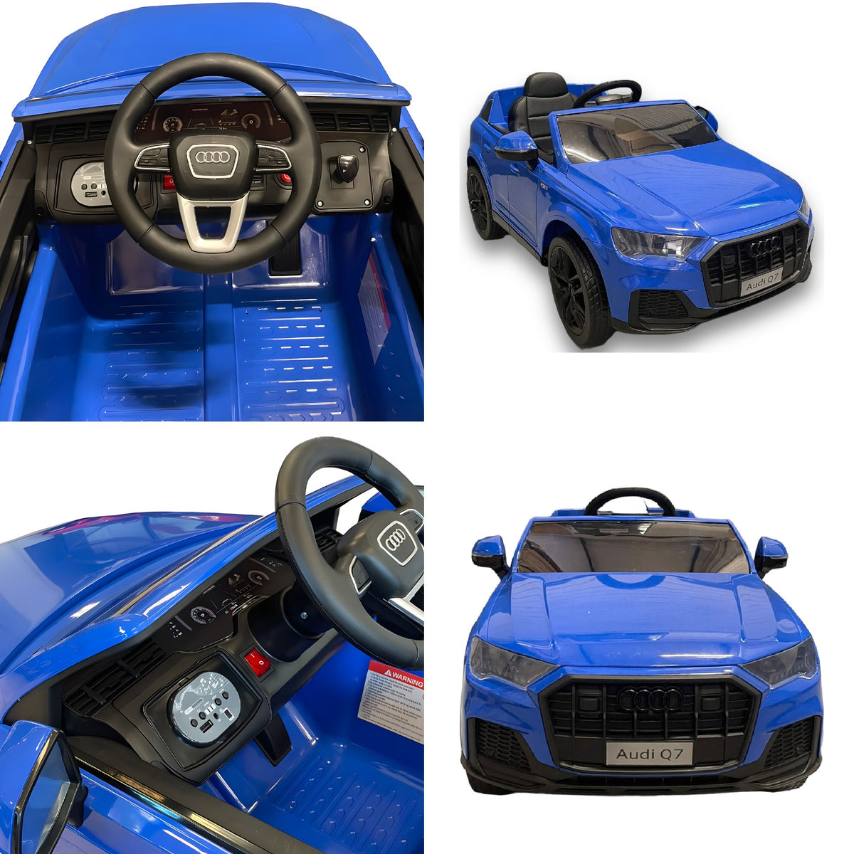 Détails de l'Audi Q7 bleue enfant : volant, tableau de bord et phares