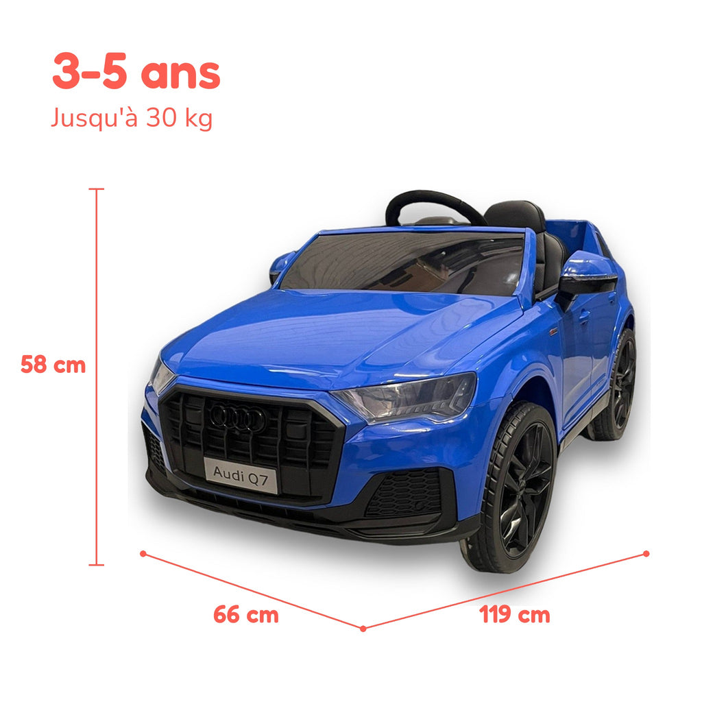 Dimensions de l'Audi Q7 enfant : 119 × 66 × 58 cm, de 3 à 5 ans, jusqu'à 30 kg
