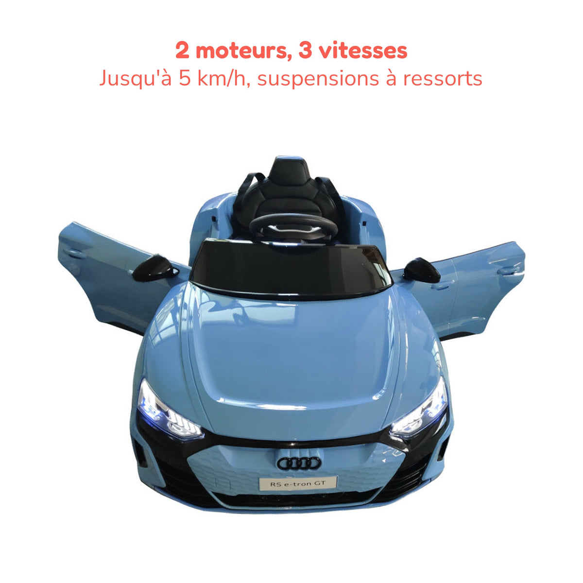 Audi RS e-tron GT bleue enfant portes ouvertes : 2 moteurs, 3 vitesses jusqu'à 5 km/h, suspensions à ressorts