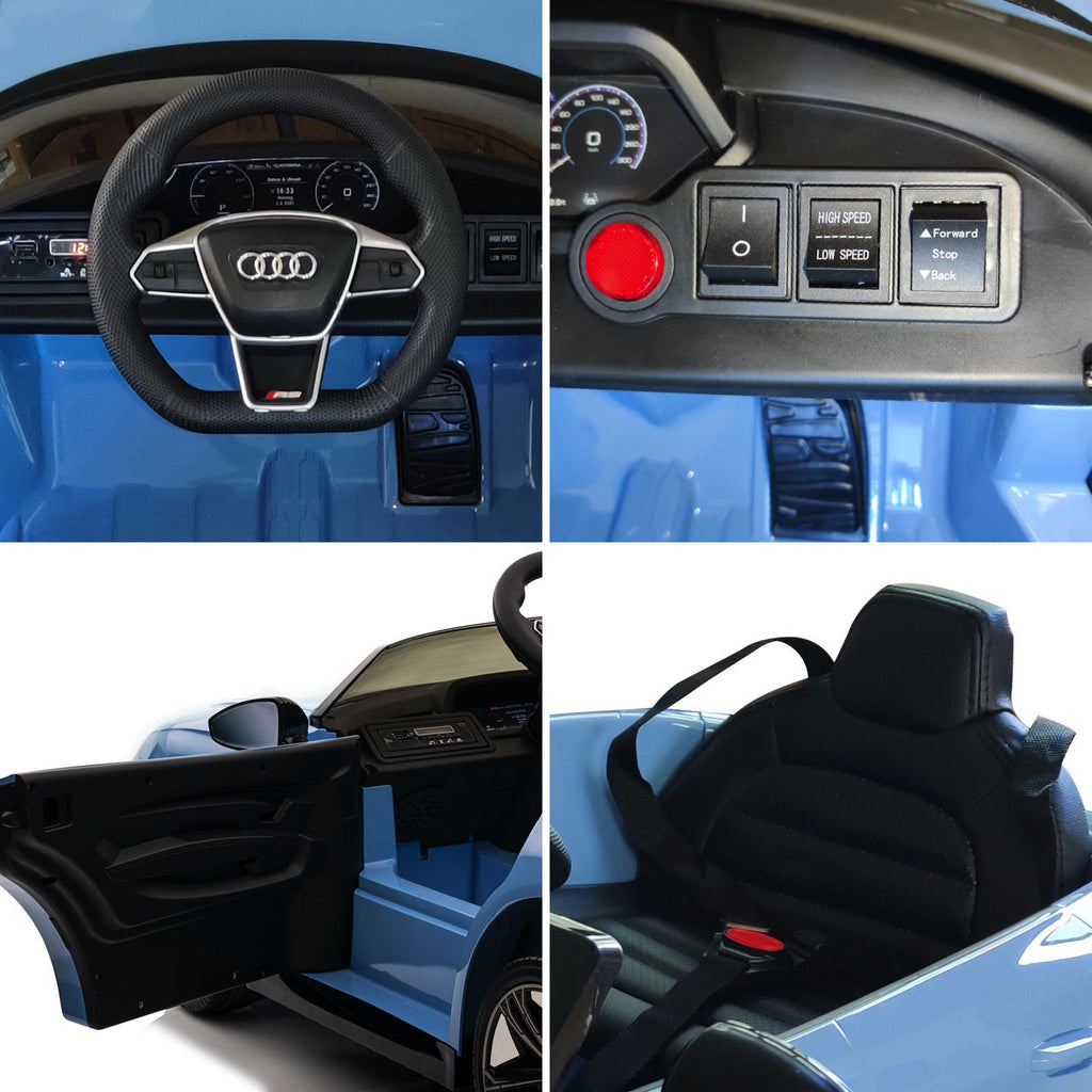 Détails de l'Audi RS e-tron GT enfant : volant, commandes, porte et siège