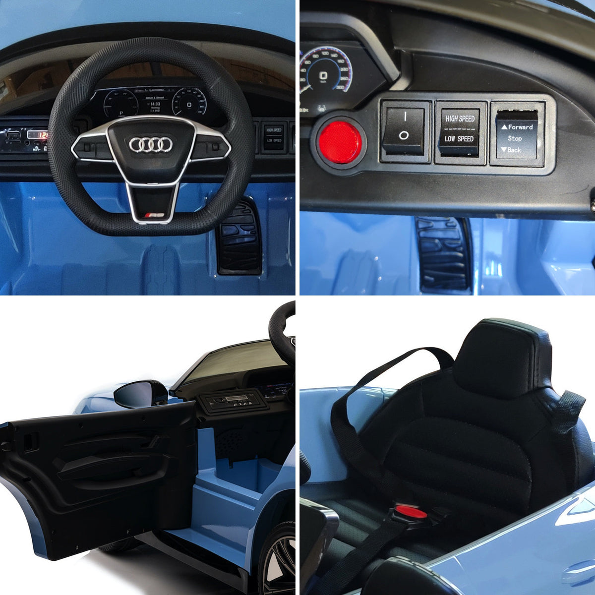 Détails de l'Audi RS e-tron GT enfant : volant, commandes, porte et siège