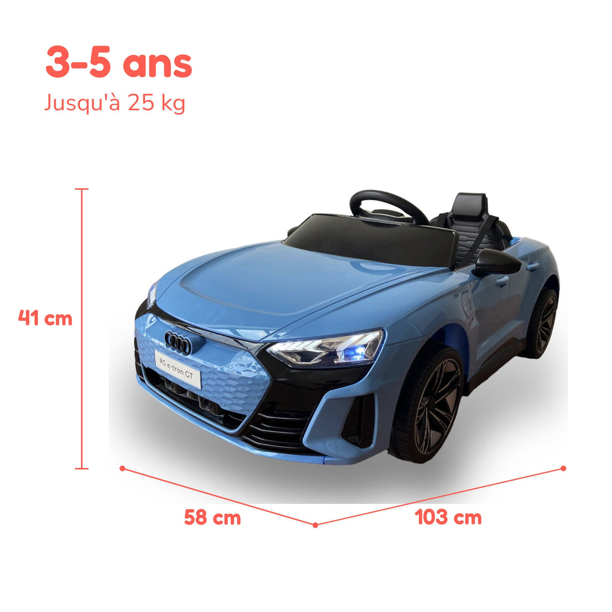 Dimensions de l'Audi RS e-tron GT enfant : 103 × 58 × 41 cm, de 3 à 5 ans, jusqu'à 25 kg