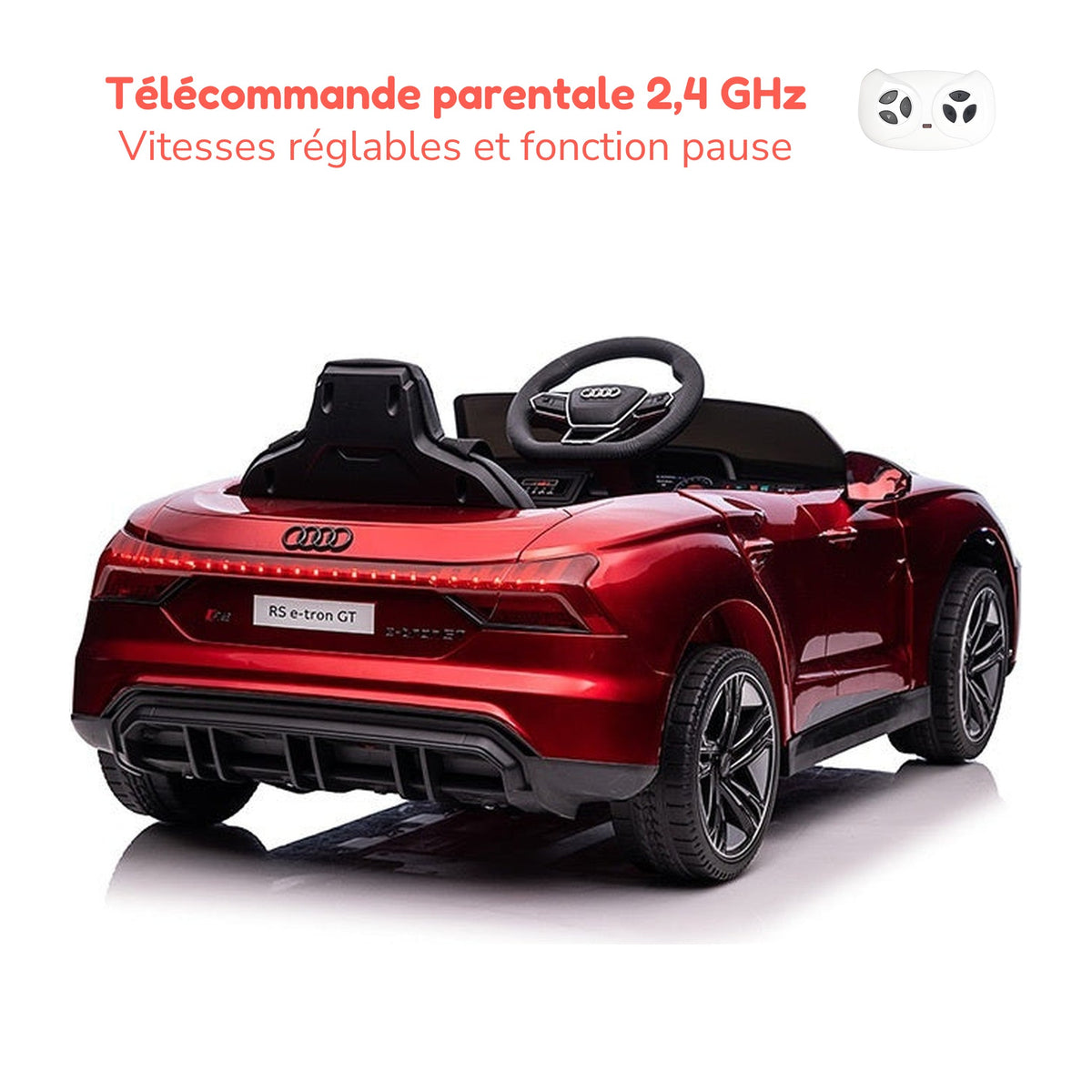 Télécommande parentale 2,4 GHz de l'Audi RS e-tron GT enfant, vitesses réglables et fonction pause