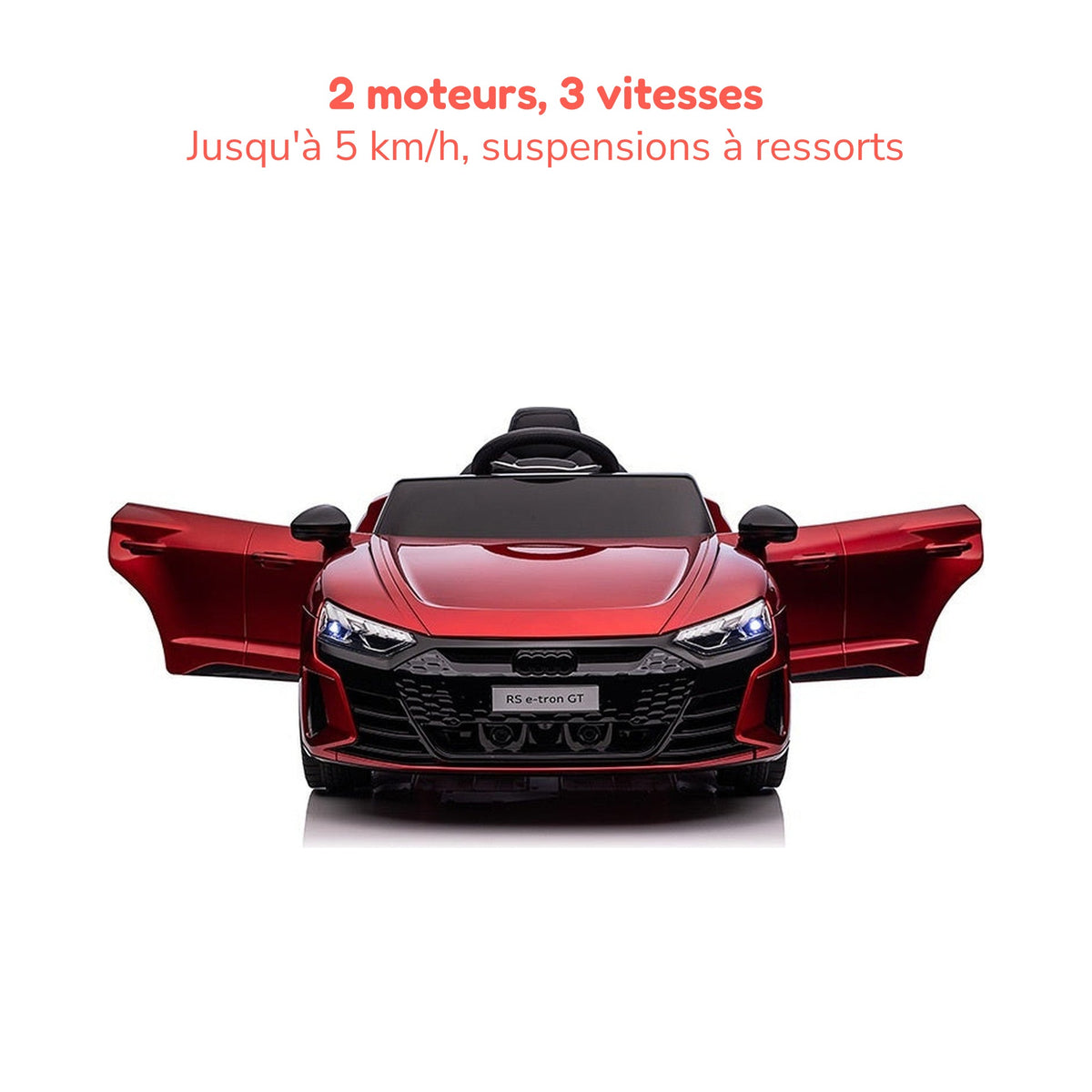 Audi RS e-tron GT rouge enfant portes ouvertes : 2 moteurs, 3 vitesses jusqu'à 5 km/h, suspensions à ressorts