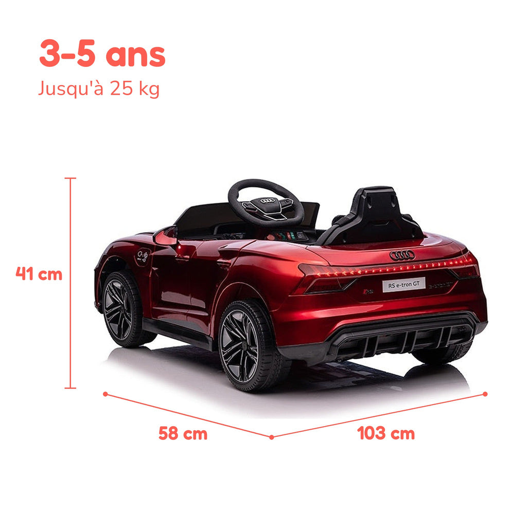 Dimensions de l'Audi RS e-tron GT enfant : 103 × 58 × 41 cm, de 3 à 5 ans, jusqu'à 25 kg