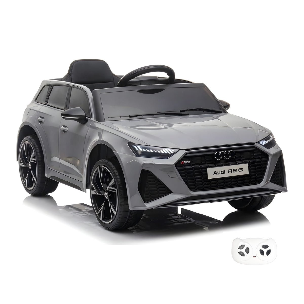 Audi RS6 grise, voiture électrique enfant 12V, vue trois quarts avant avec sa télécommande