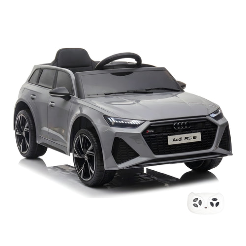Audi RS6 grise, voiture électrique enfant 12V, vue trois quarts avant avec sa télécommande