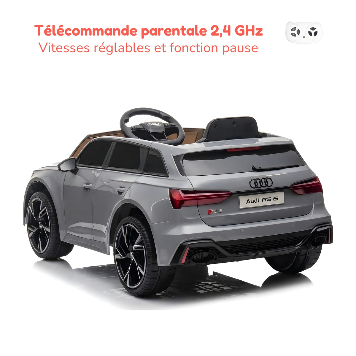 Télécommande parentale 2,4 GHz de l'Audi RS6 enfant, vitesses réglables et fonction pause