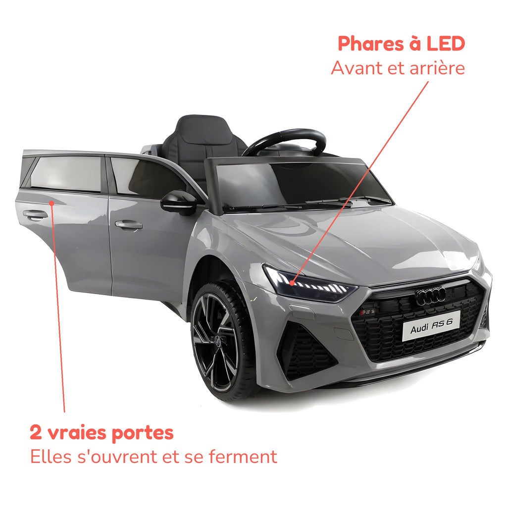 Audi RS6 enfant grise portes ouvertes, phares à LED avant et arrière
