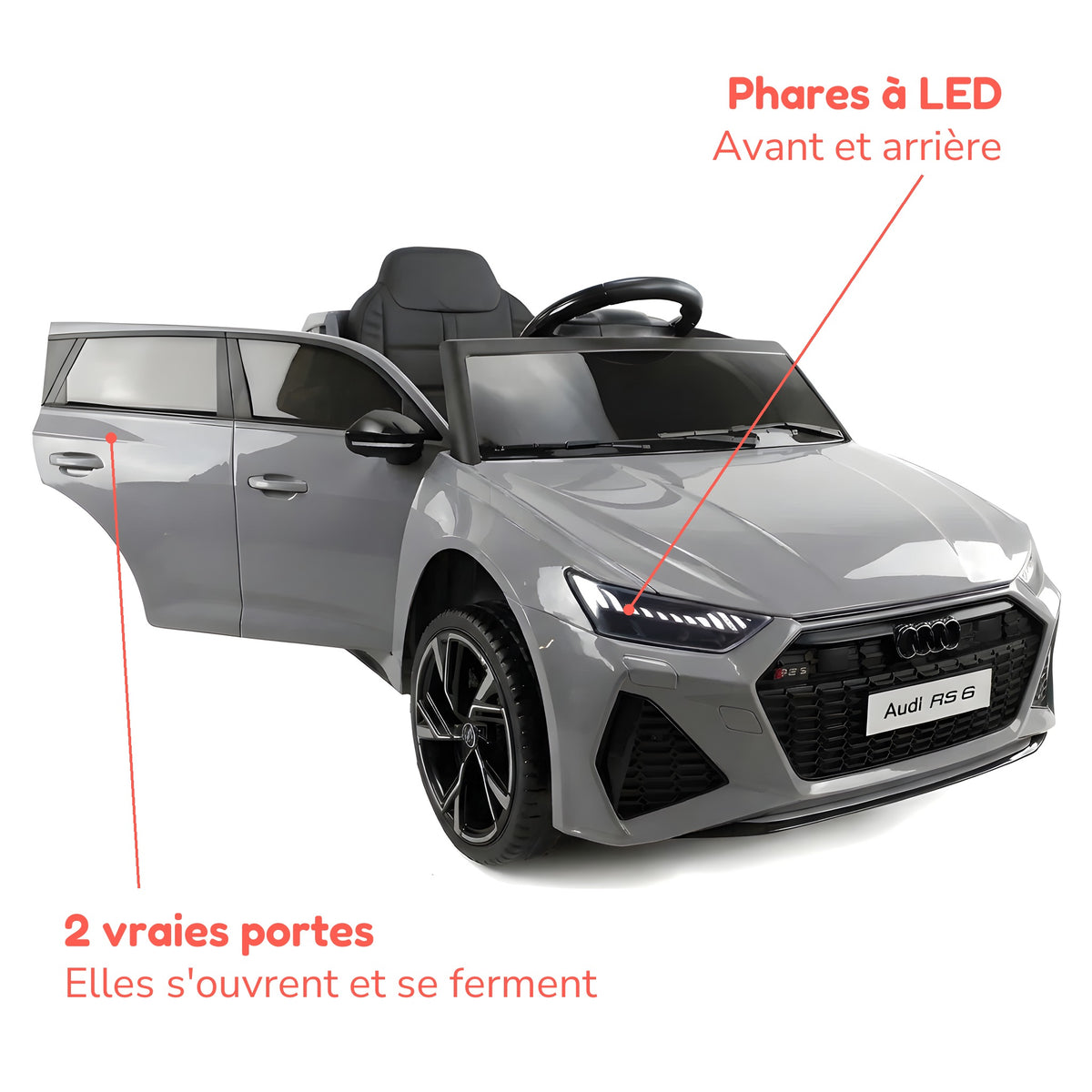 Audi RS6 enfant grise portes ouvertes, phares à LED avant et arrière
