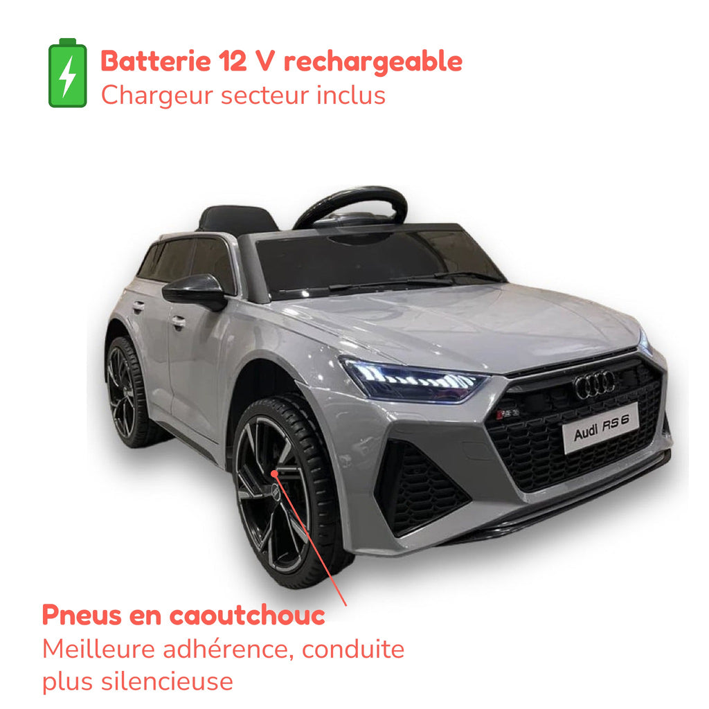 Batterie 12 V rechargeable avec chargeur inclus et pneus en caoutchouc de l'Audi RS6 enfant