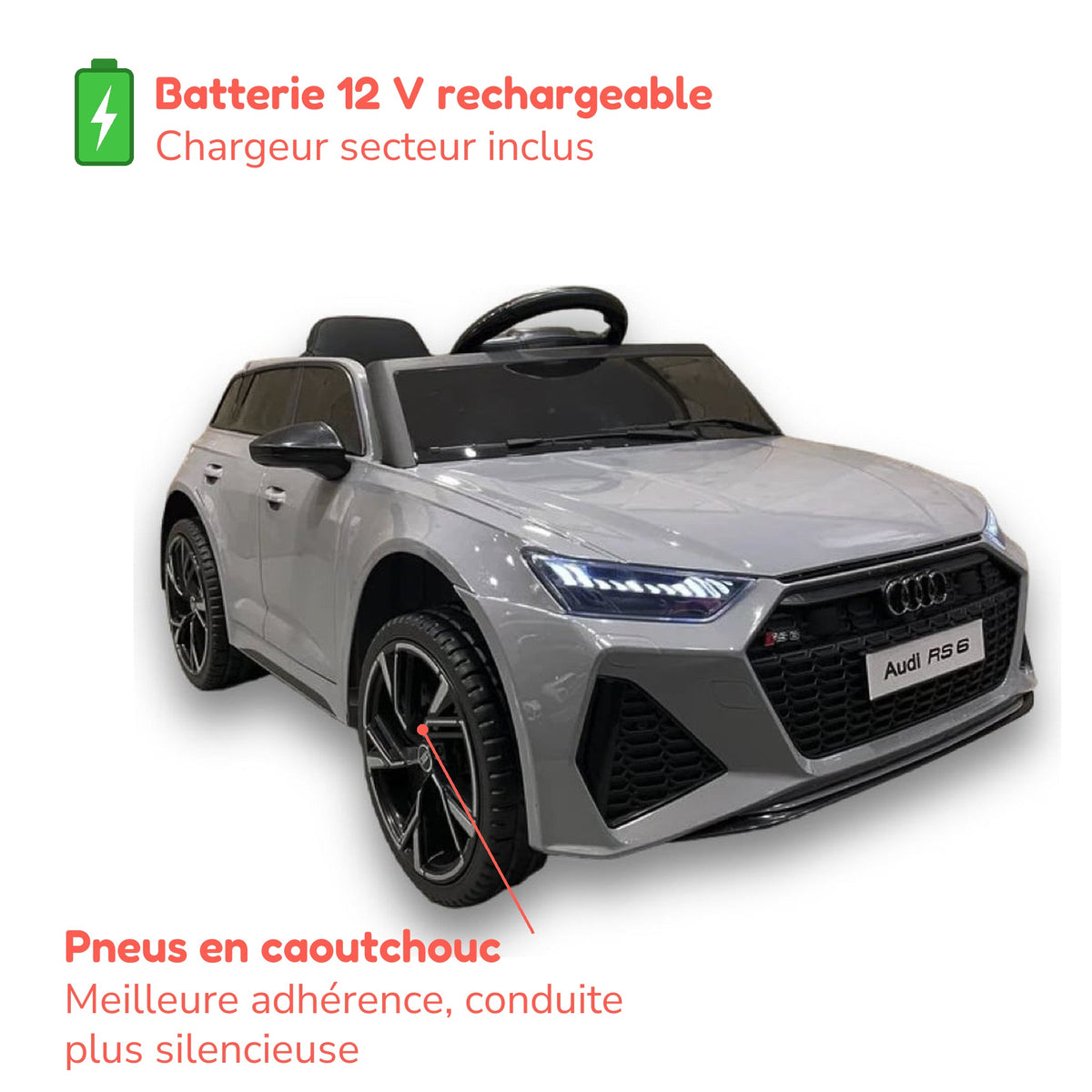 Batterie 12 V rechargeable avec chargeur inclus et pneus en caoutchouc de l'Audi RS6 enfant