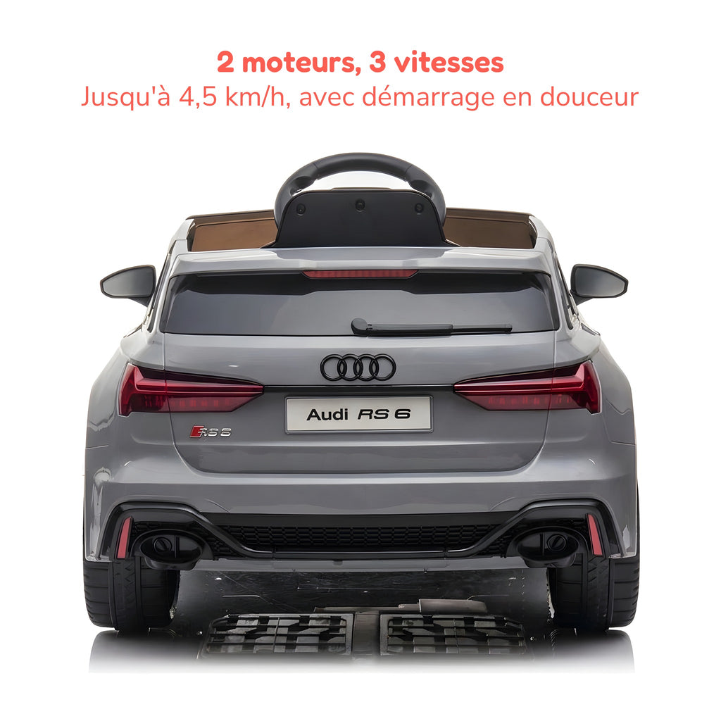 Audi RS6 enfant grise vue arrière, 2 moteurs et 3 vitesses jusqu'à 4,5 km/h