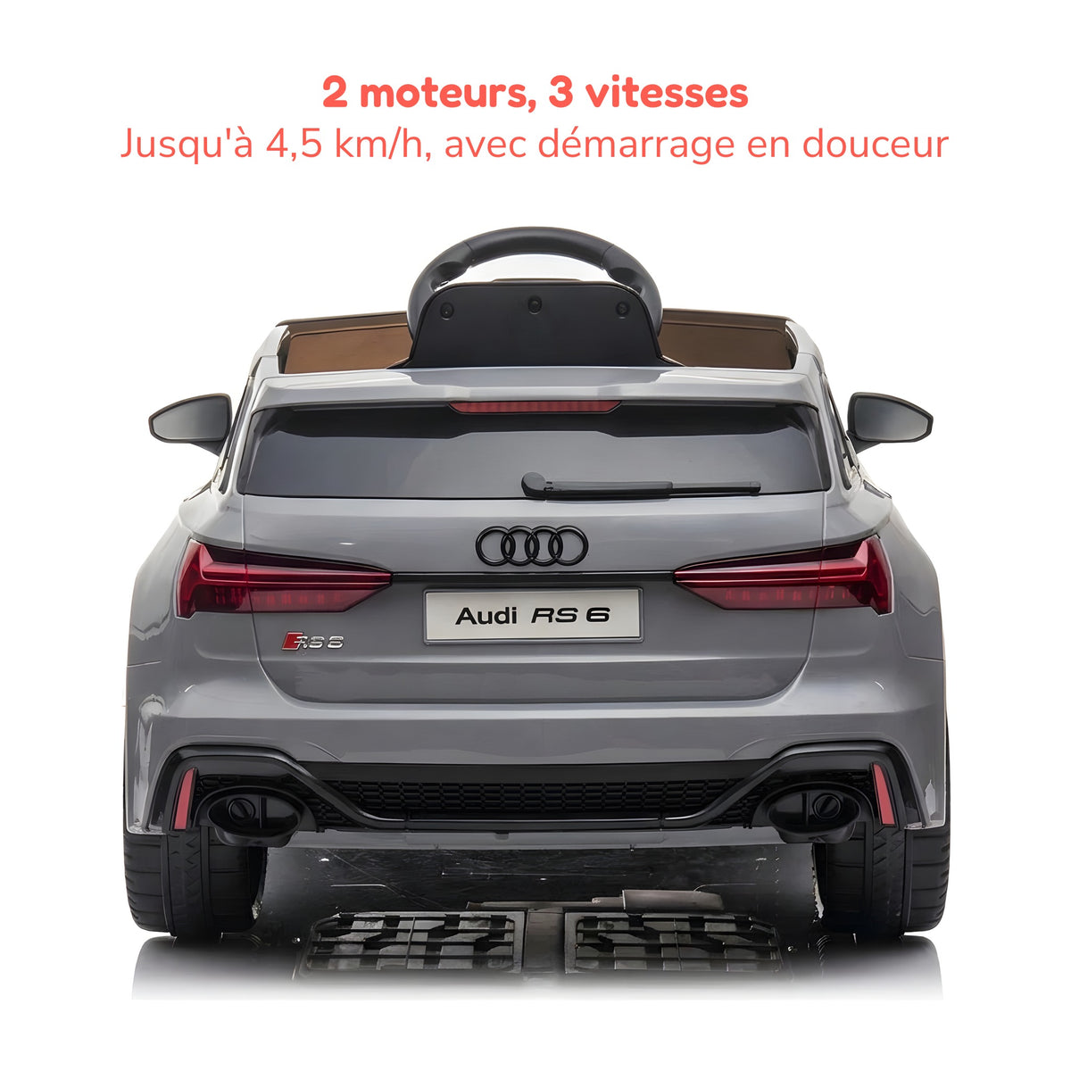 Audi RS6 enfant grise vue arrière, 2 moteurs et 3 vitesses jusqu'à 4,5 km/h