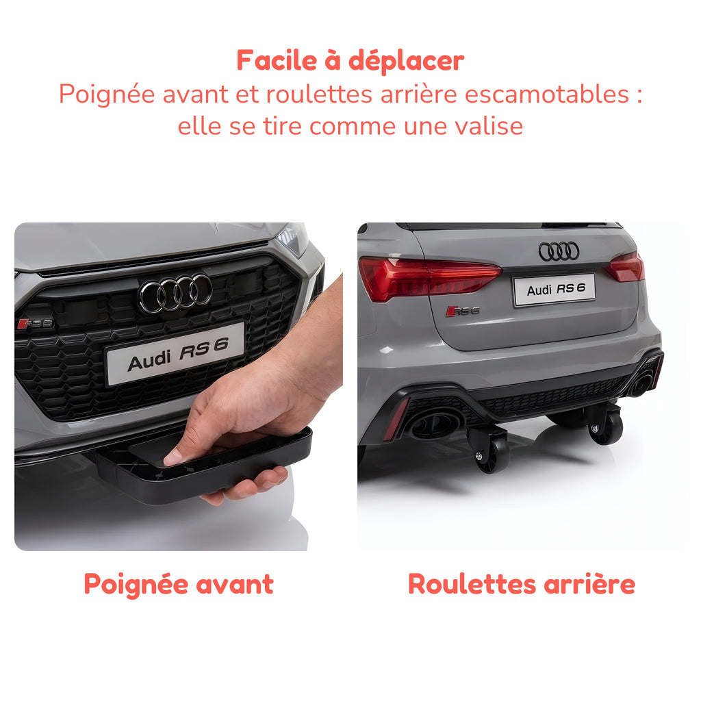 Poignée avant et roulettes arrière pour déplacer l'Audi RS6 enfant