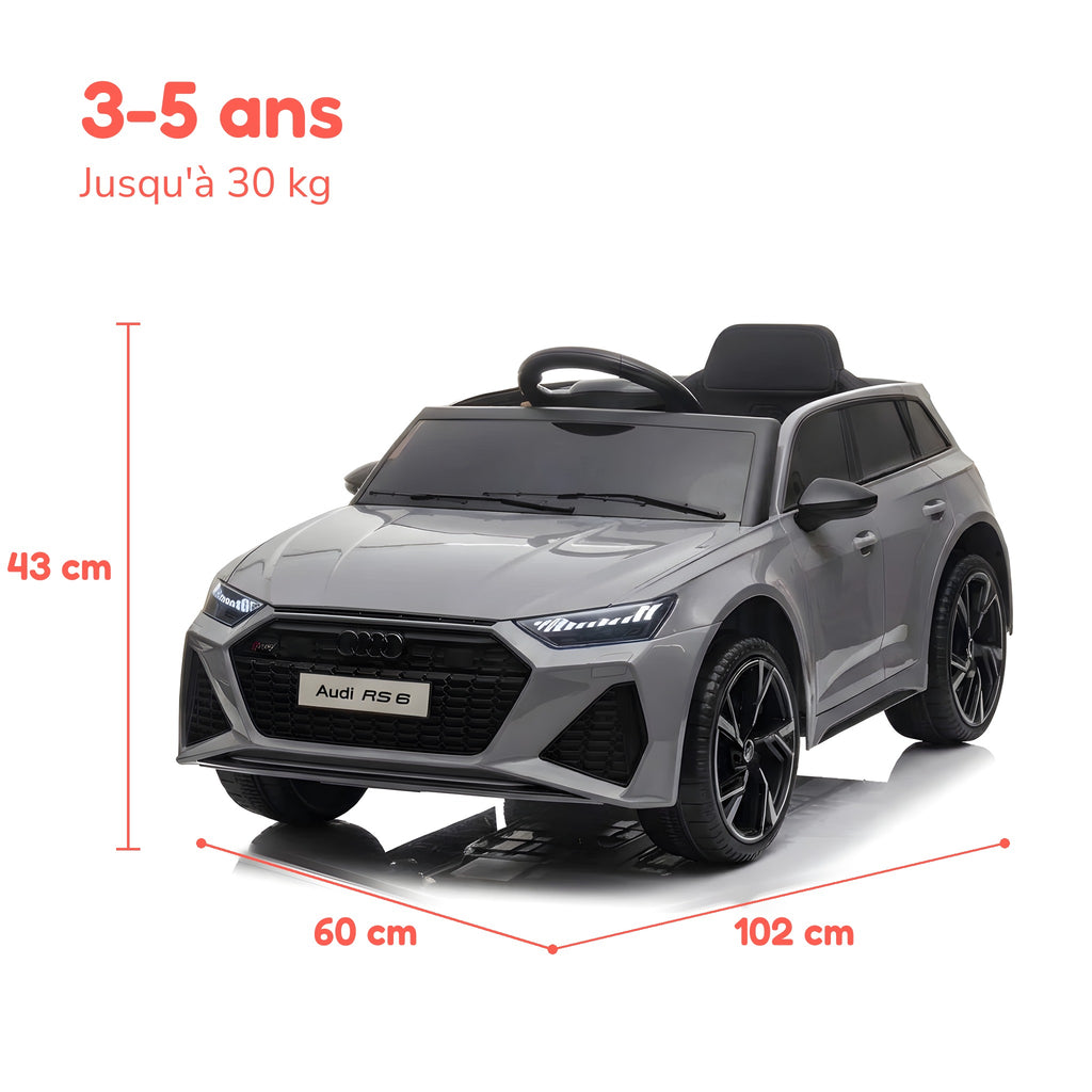 Dimensions de l'Audi RS6 enfant : 102 × 60 × 43 cm, de 3 à 5 ans, jusqu'à 30 kg