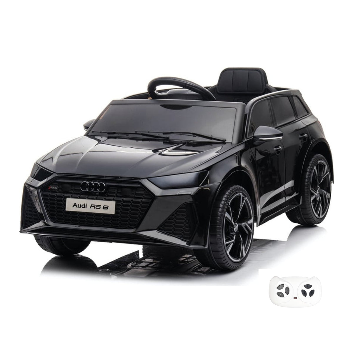 Audi RS6 noire, voiture électrique enfant 12V, vue trois quarts avant avec sa télécommande