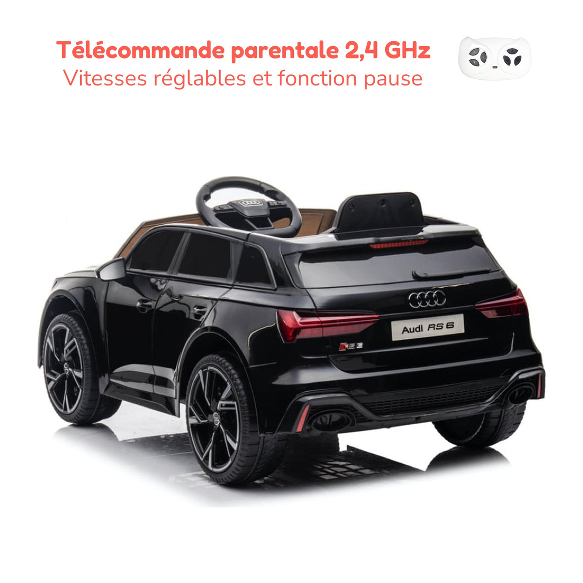 Télécommande parentale 2,4 GHz de l'Audi RS6 enfant, vitesses réglables et fonction pause