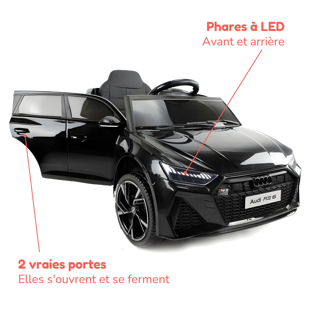Audi RS6 enfant portes ouvertes, phares à LED avant et arrière
