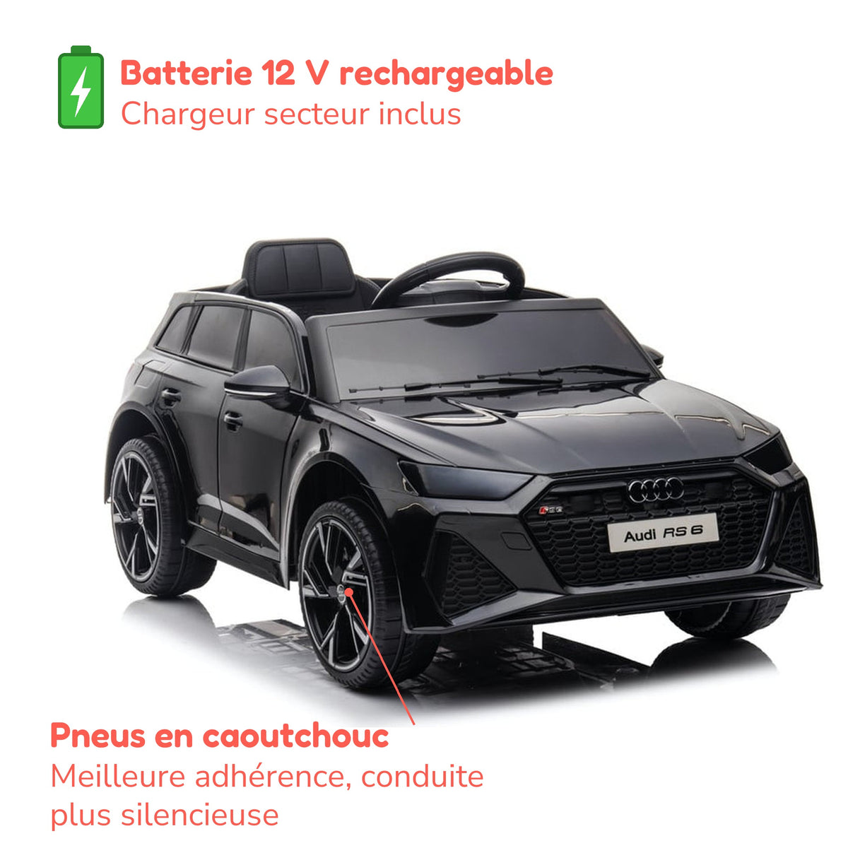 Batterie 12 V rechargeable avec chargeur inclus et pneus en caoutchouc de l'Audi RS6 enfant