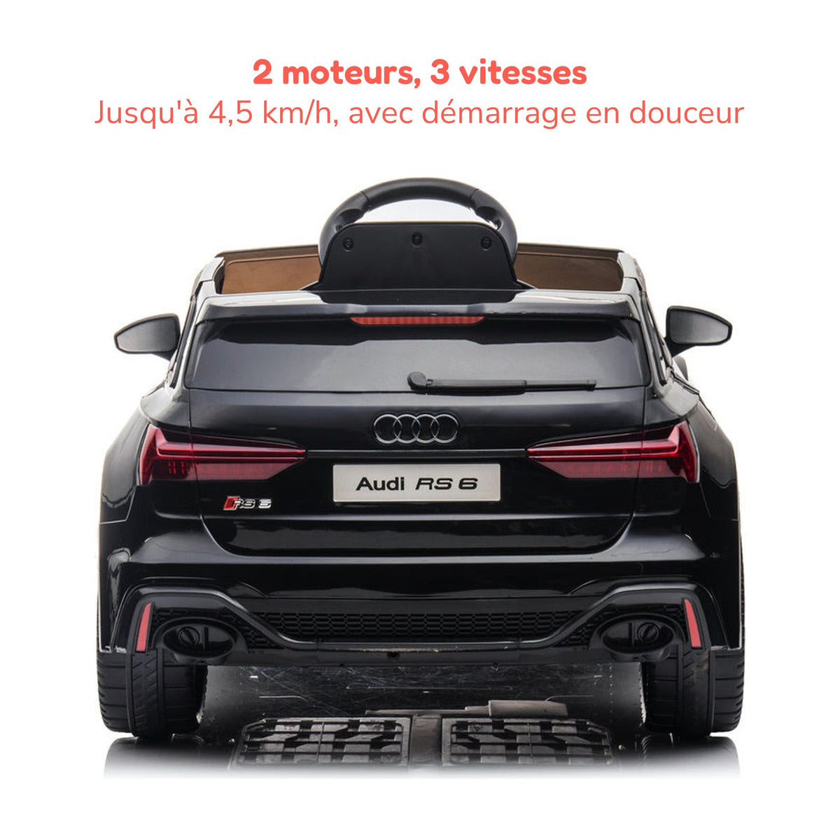 Audi RS6 enfant vue arrière, 2 moteurs et 3 vitesses jusqu'à 4,5 km/h