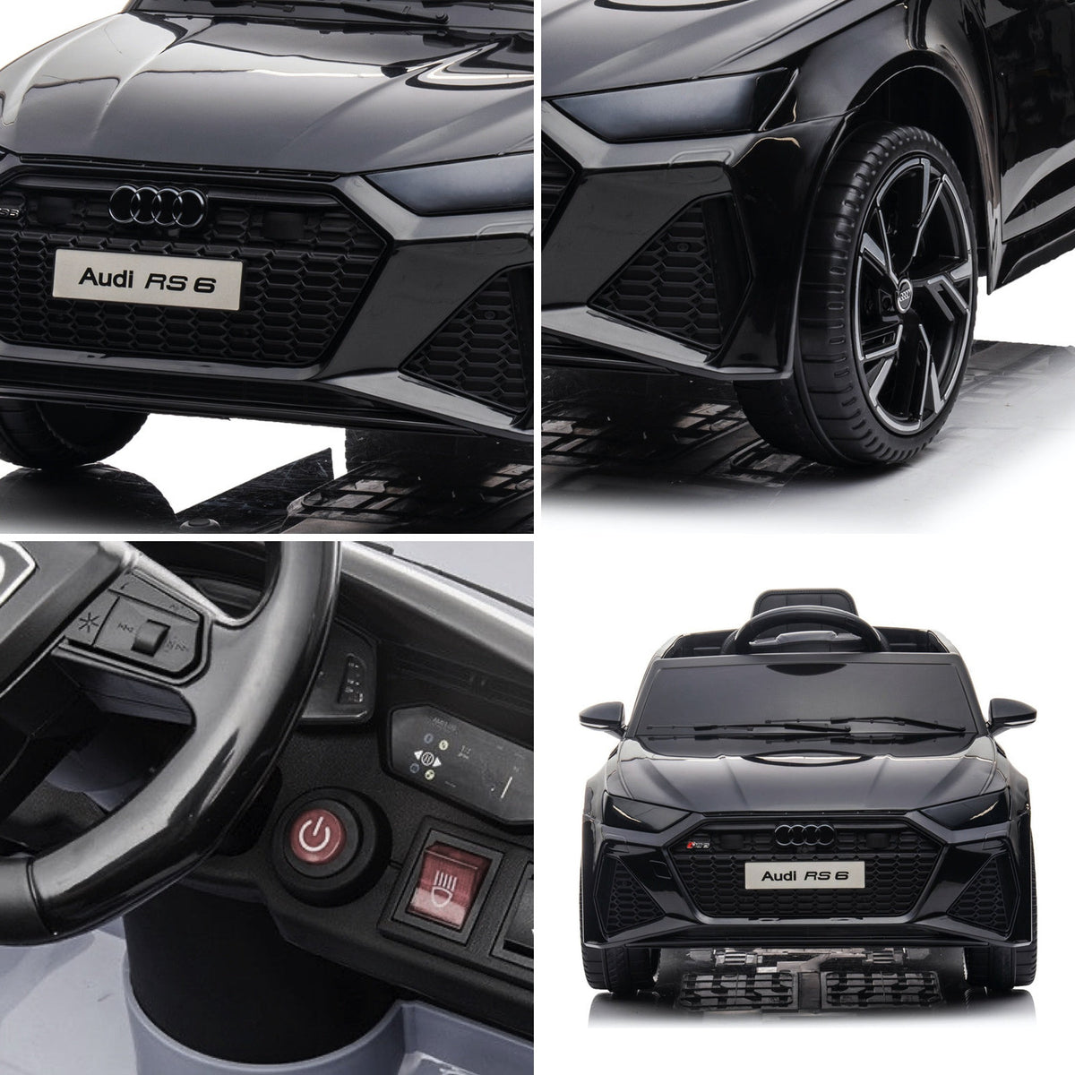 Détails de l'Audi RS6 enfant : calandre, jante, tableau de bord et face avant