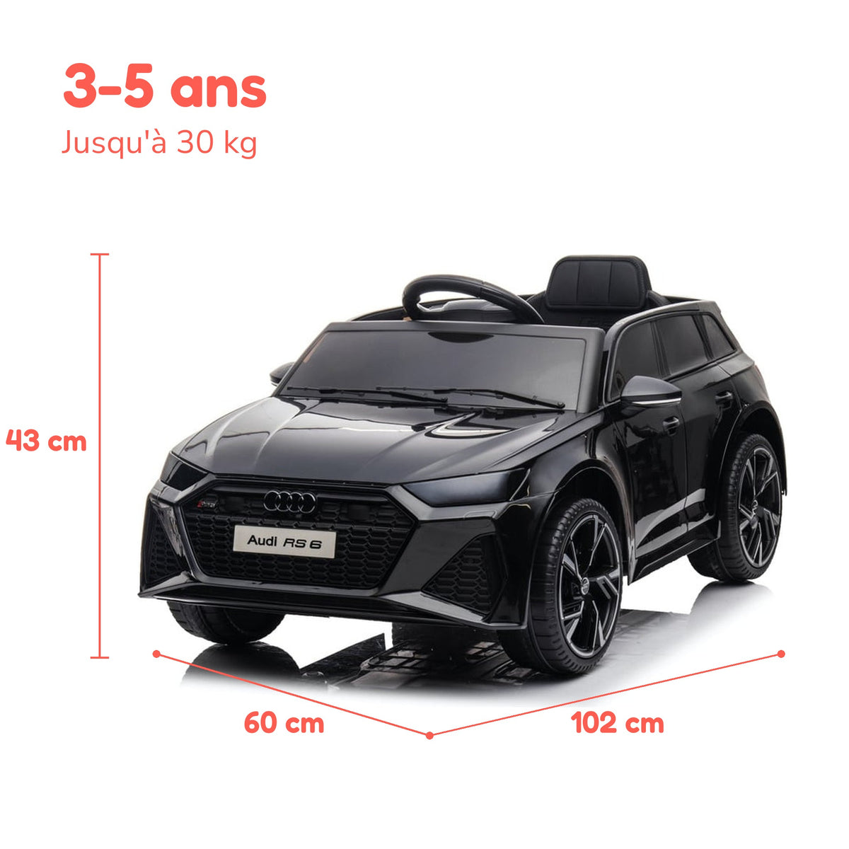Dimensions de l'Audi RS6 enfant : 102 × 60 × 43 cm, de 3 à 5 ans, jusqu'à 30 kg