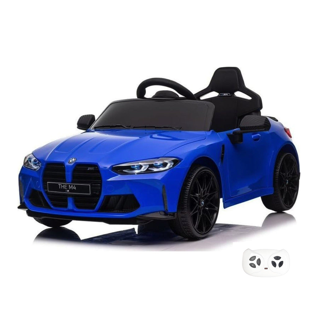 BMW M4 bleue, voiture électrique enfant 12V, vue trois quarts avant avec sa télécommande