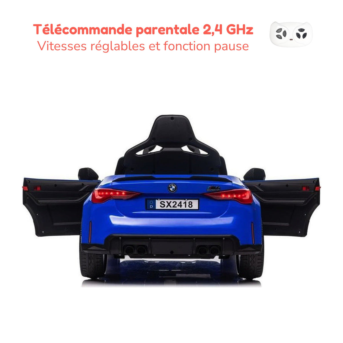 Télécommande parentale 2,4 GHz de la BMW M4 enfant, vitesses réglables et fonction pause
