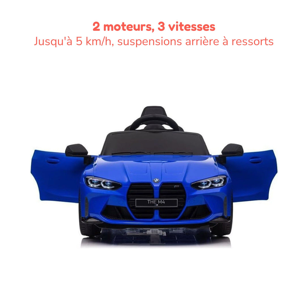 BMW M4 bleue enfant portes ouvertes, 2 moteurs, 3 vitesses jusqu'à 5 km/h, suspensions arrière à ressorts
