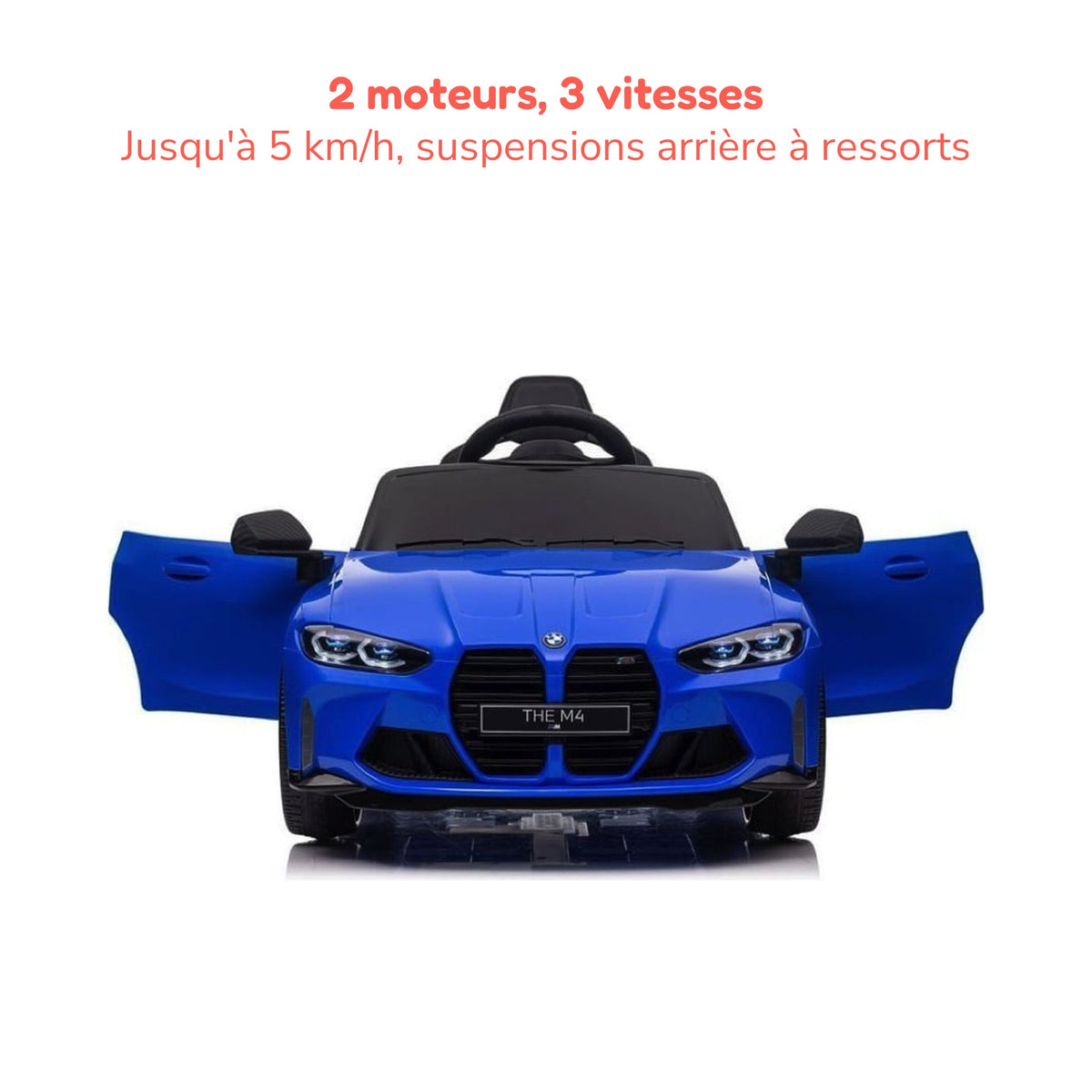 BMW M4 bleue enfant portes ouvertes, 2 moteurs, 3 vitesses jusqu'à 5 km/h, suspensions arrière à ressorts