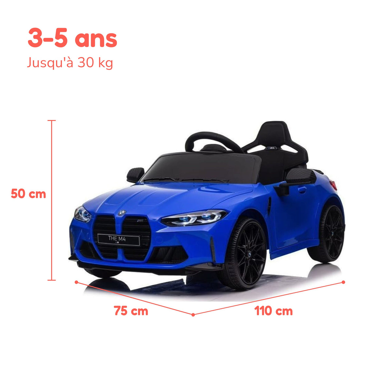 Dimensions de la BMW M4 enfant : 110 × 75 × 50 cm, de 3 à 5 ans, jusqu'à 30 kg